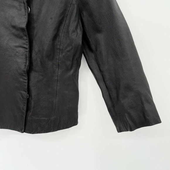 Club Monaco Cropped Leather Jacket Sz M Solid Black Mandarin Collar Snap Buttons - Picture 3 of 8